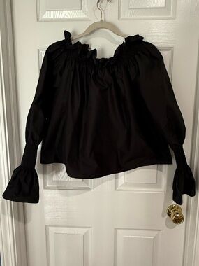 Adam Lippes Black Off-Shoulder Ruffled Peasant Blouse